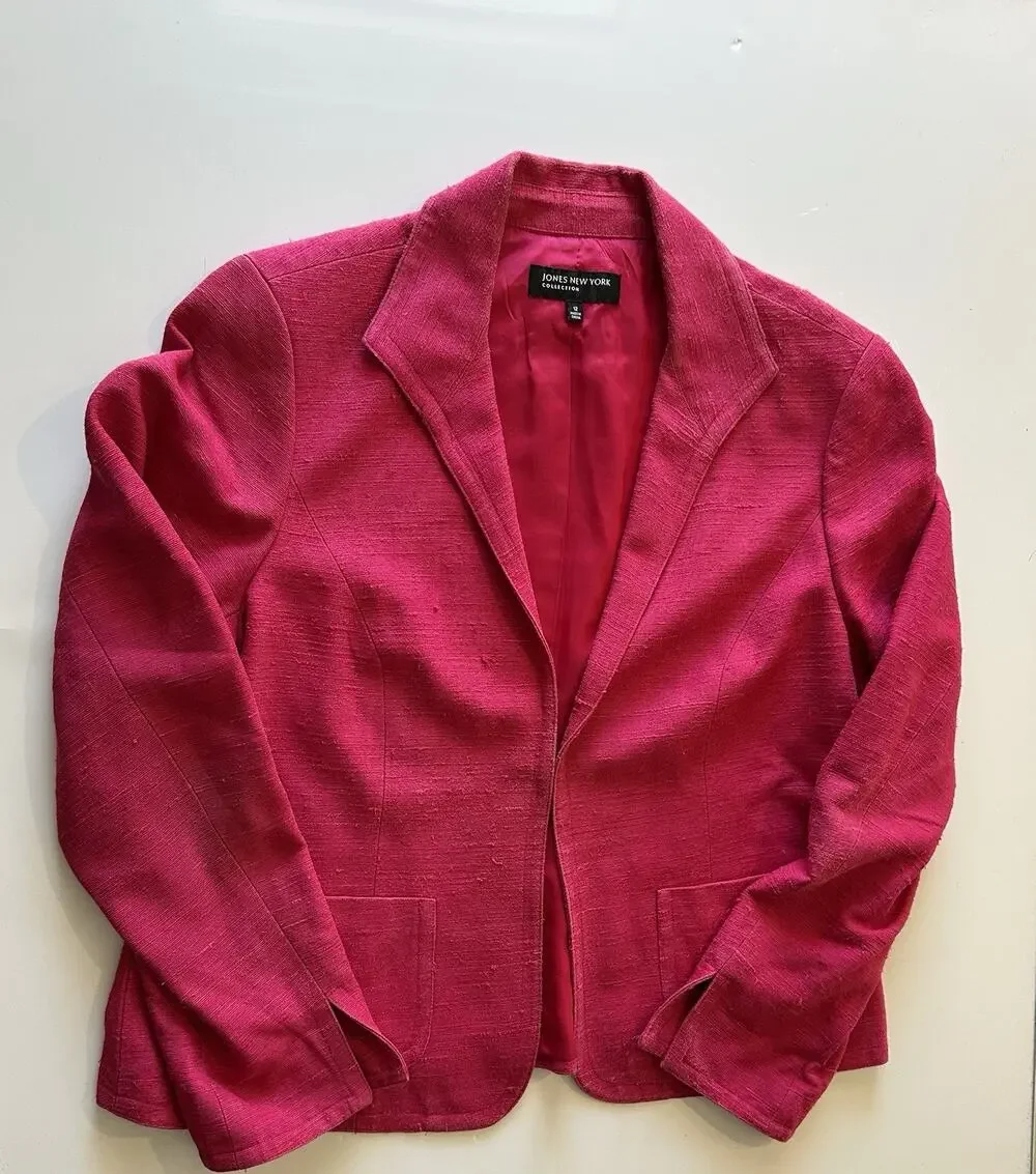 Jones New York Collection Womens Sz 12 Hot Pink 100% Silk Blazer Jacket Career